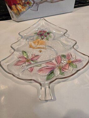 Server Platter Glass Savior Vivre Holiday Spirit Christmas Tree 13.5" Boxed
